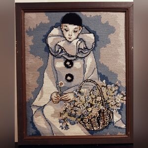 Vintage Framed Blue and White Pierrot Needlepoint